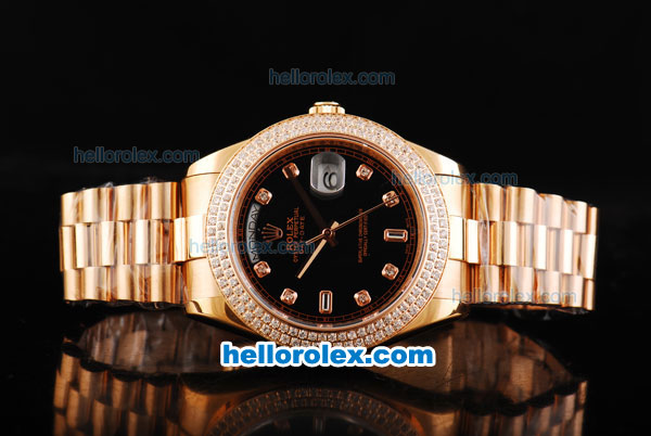 Rolex Day Date II Automatic Movement Full Rose Gold with Double Row Diamond Bezel-Diamond Markers and Black Dial - Click Image to Close